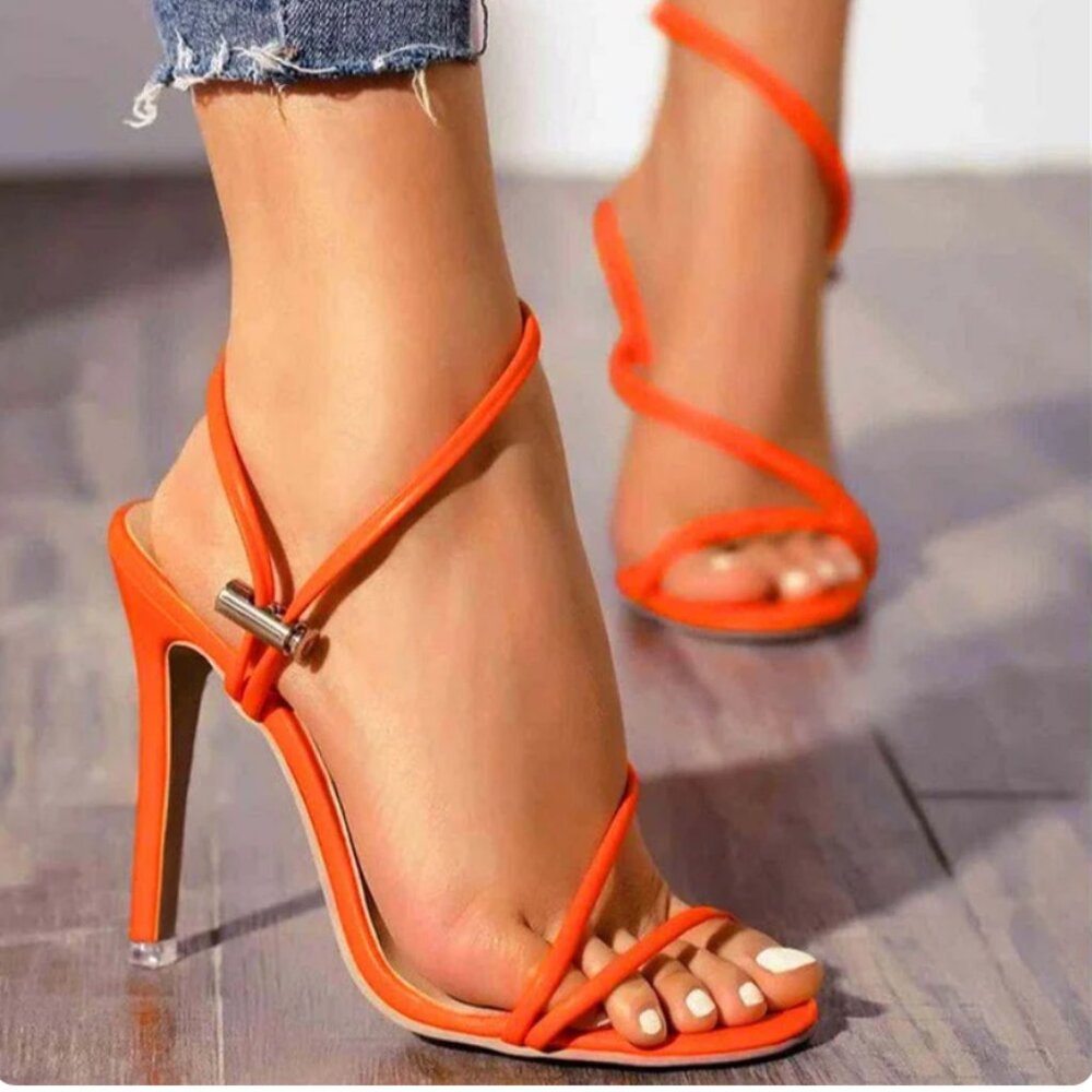 FSJ Orange Sexy Strappy Stilettos High Heels Lace Up Pointed Open Toe Sandals